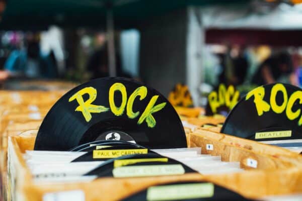 Bins of vinyl albums with dividers that say Rock