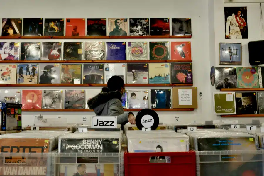 Picture of vinyl albums in Jazz section of record store.