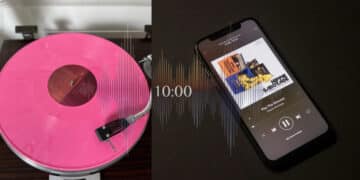 Vinyl album next to an phone playing music superimposed with a waveform and 10:00